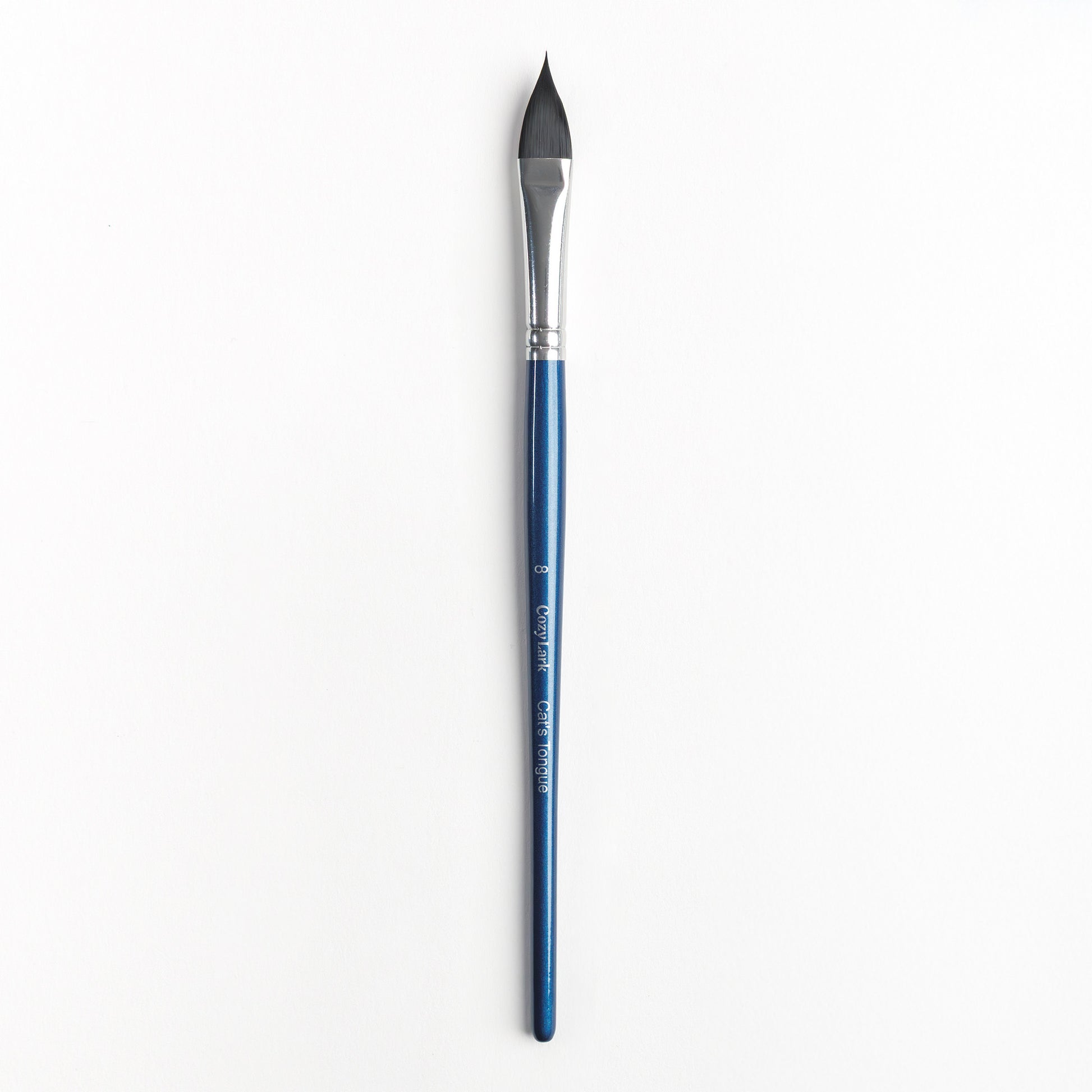 Size 8 Cat's Tongue brush with silver ferrule and dark blue handle