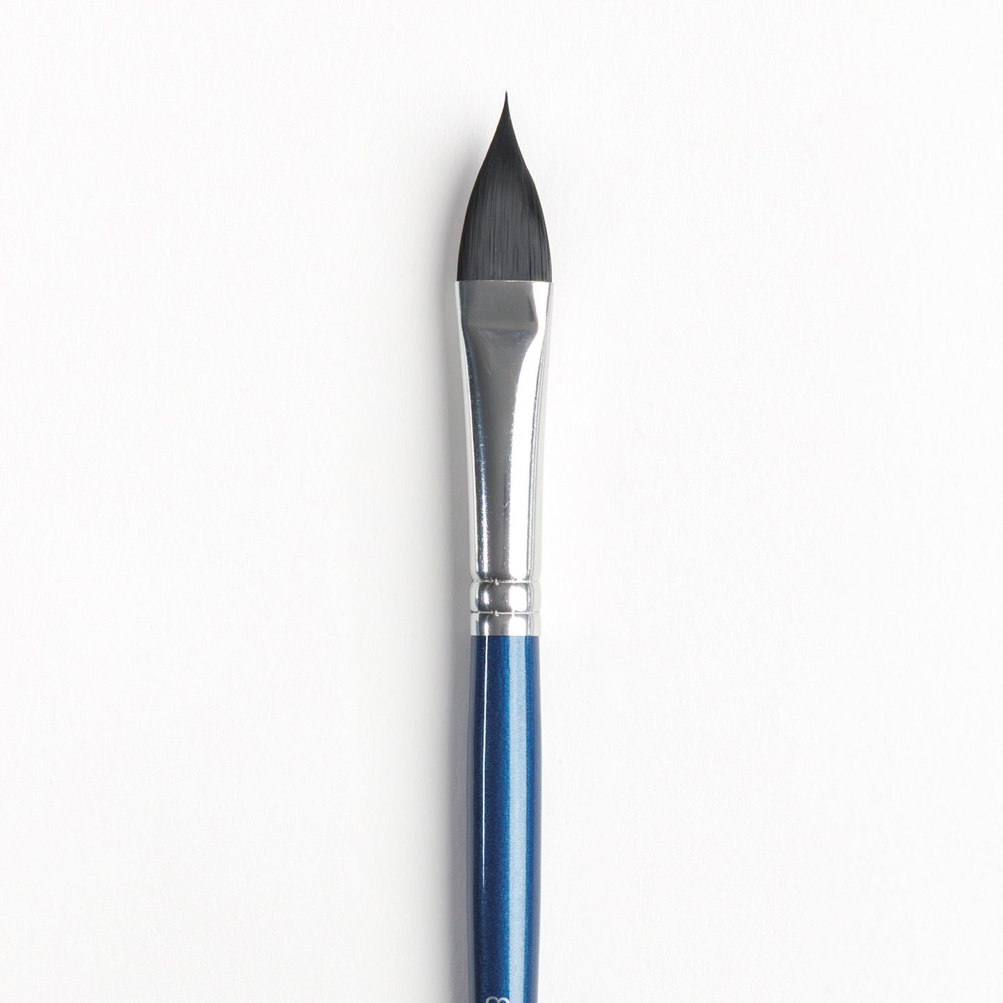 Close up of a Size 8 cat's tongue watercolor brush with black bristle tip, silver ferrule, and dark blue handle 