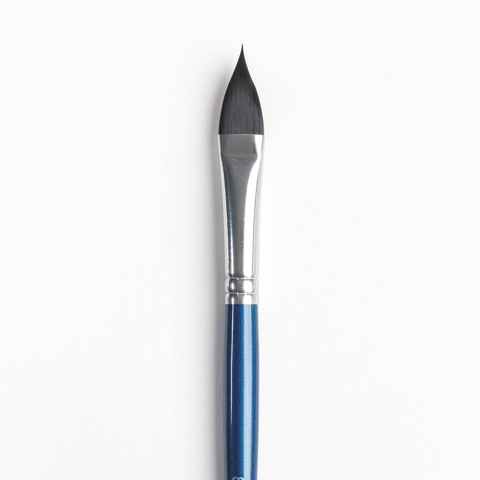 Close up of a Size 8 cat's tongue watercolor brush with black bristle tip, silver ferrule, and dark blue handle 