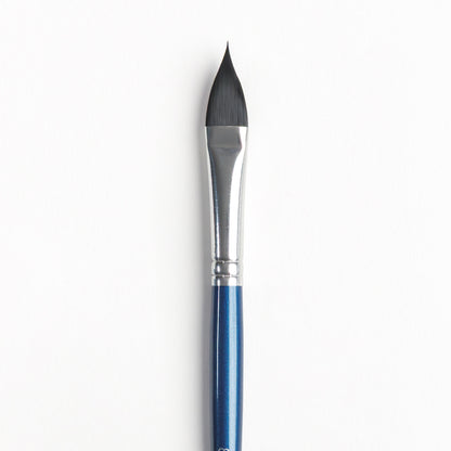 Close up of a Size 8 cat's tongue watercolor brush with black bristle tip, silver ferrule, and dark blue handle 