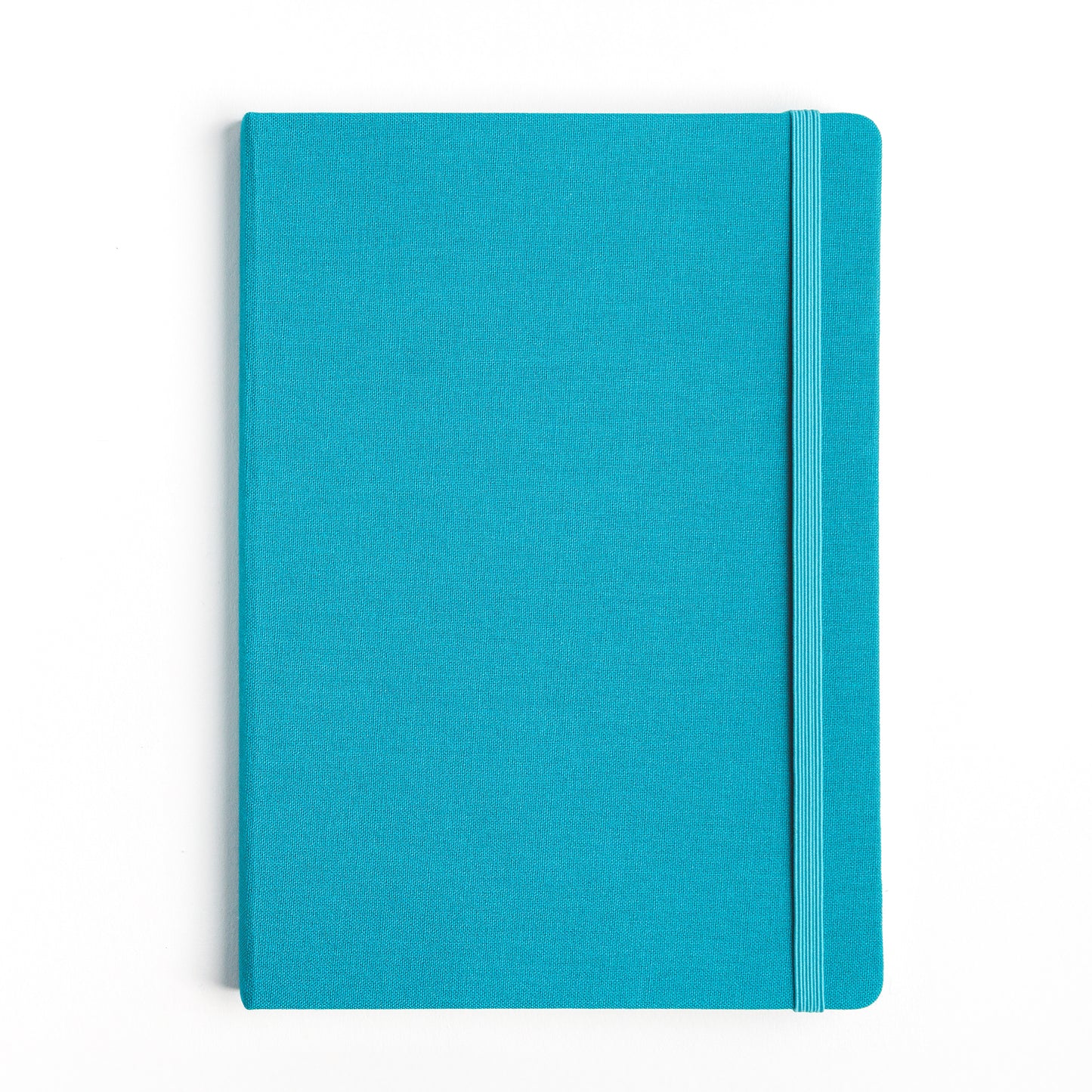 Teal hardcover cloth bound sketchbook with elastic closure on a white background