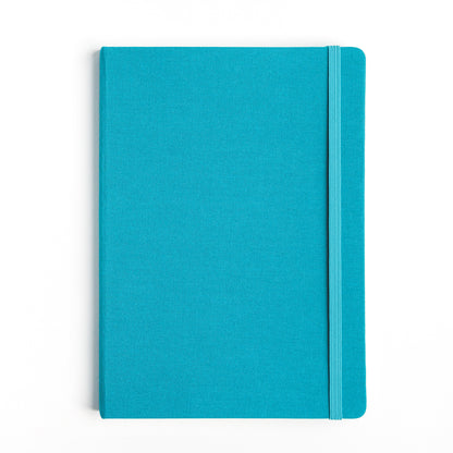 Teal hardcover cloth bound sketchbook with elastic closure on a white background
