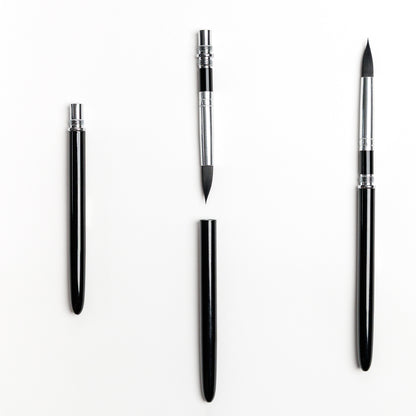 Showing travel brush closed, in two pieces, and assembled. 