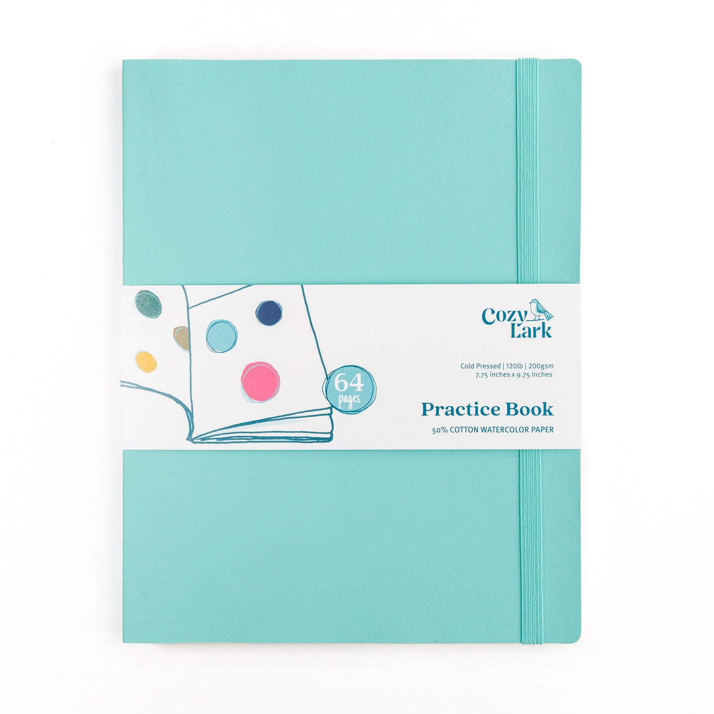 Turquoise soft cover practice book with Cozy Lark belly band on a white background