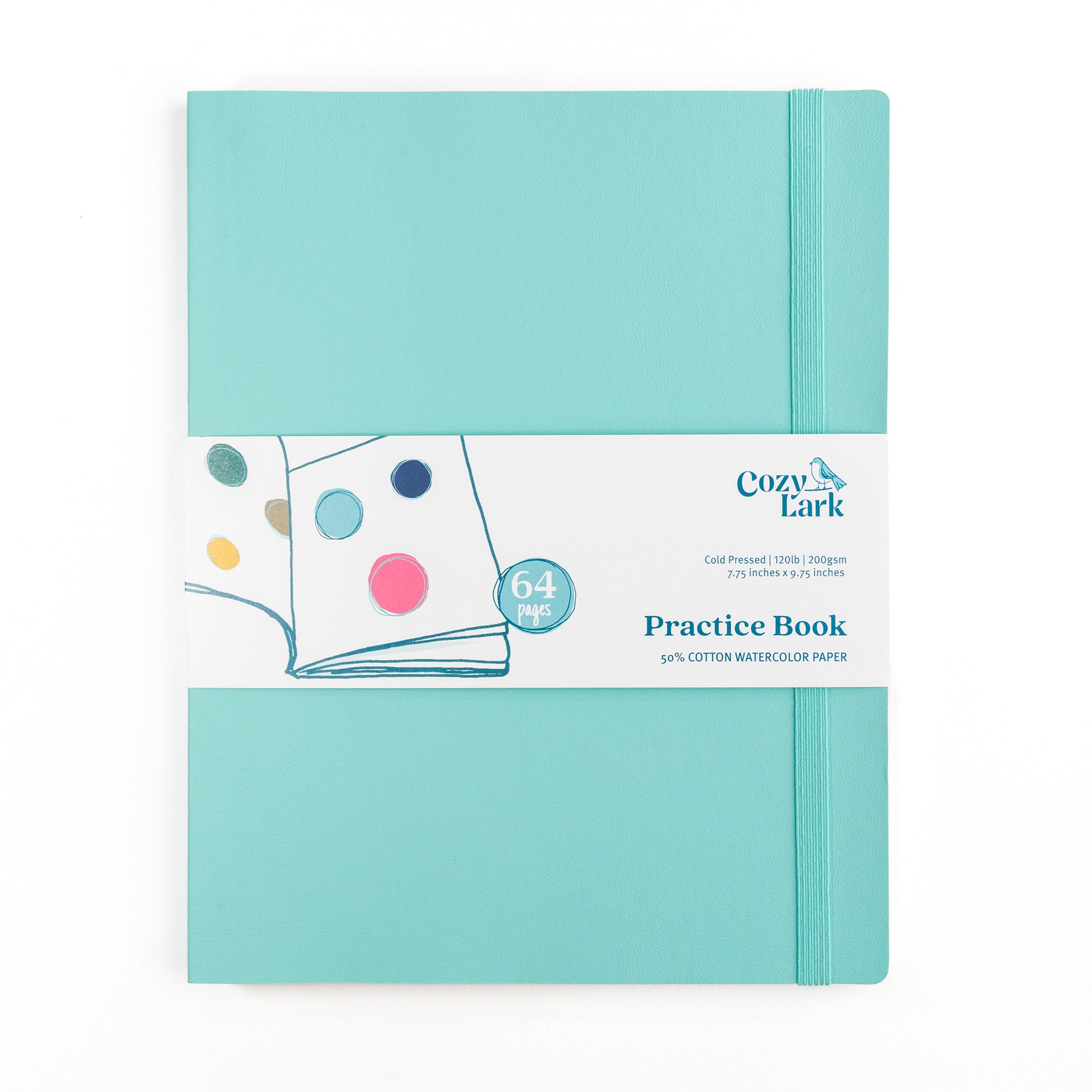 Turquoise soft cover practice book with Cozy Lark belly band on a white background