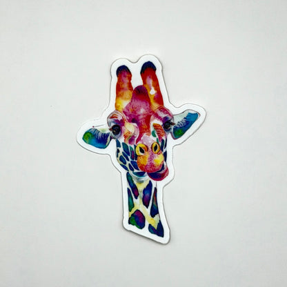 Colorful giraffe-shaped sticker on a white background