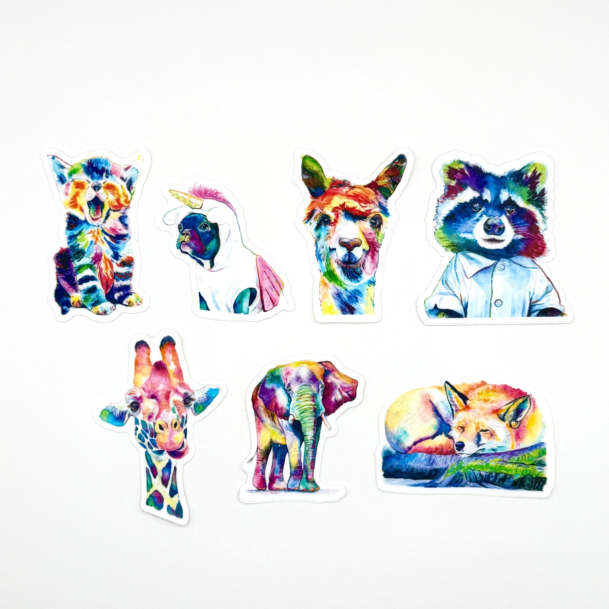 Set of seven colorful animal stickers on a white background