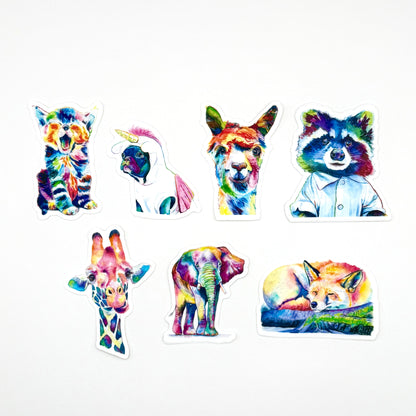 Set of seven colorful animal stickers on a white background