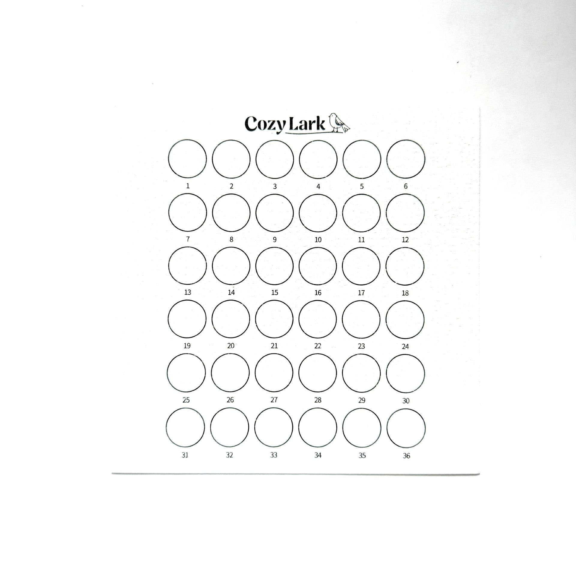 Sheet of 36 circles for swatching with 'Cozy Lark' branding on a white background
