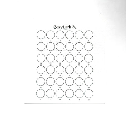Sheet of 36 circles for swatching with 'Cozy Lark' branding on a white background